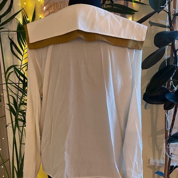 Large Lapel Brown and White Button Up Blouse Vintage - Picture 8 of 9